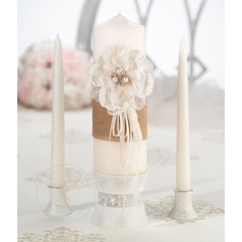 Spectacular Wedding Favor Burlap Lace Candle Set Unity Candles