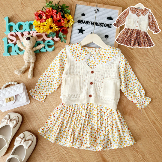 [001413] - Dress Rompi Lengan Panjang Gaya Korea Anak Perempuan - Motif Knitting Flowers Image 1