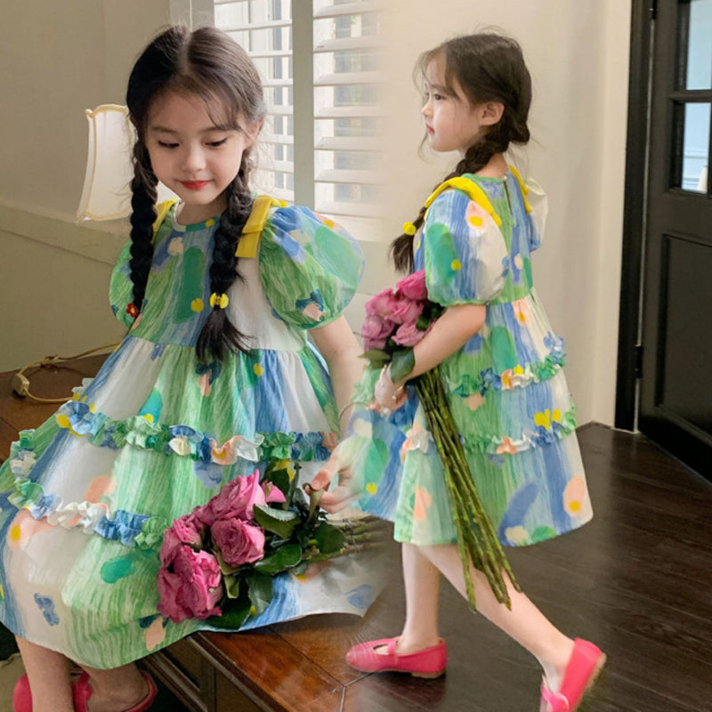 [507651] - Dress Gaun Lengan Balon Import Anak Perempuan - Motif Circular Lace