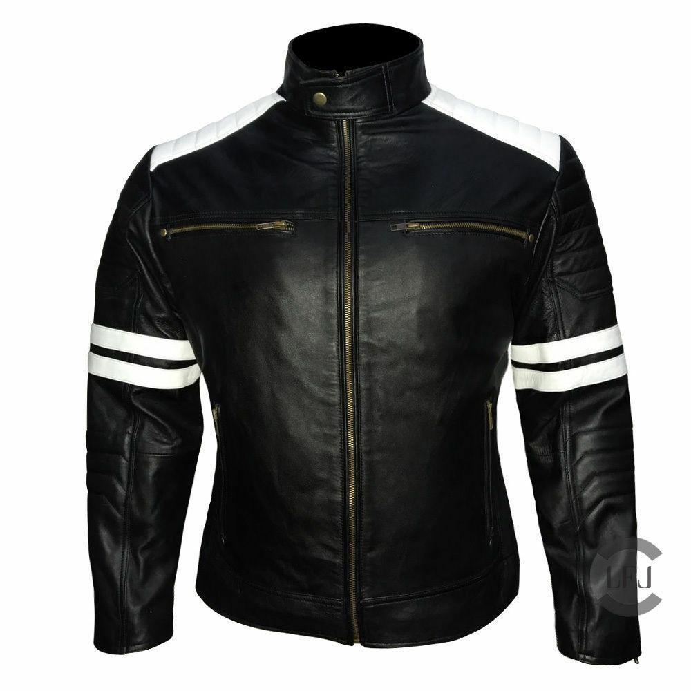 Genuine Leather Mayhem Black Leather Jacket With White Stripes ...