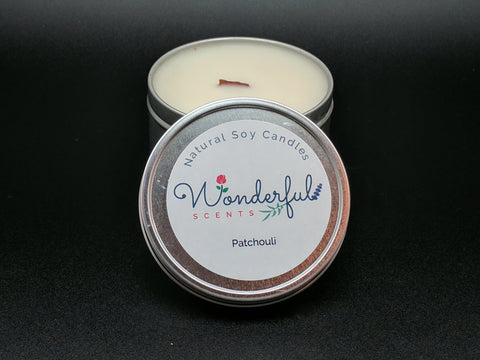 Wonderful Scents Soy Wax Tin Patchouli Candle with Wood Wick