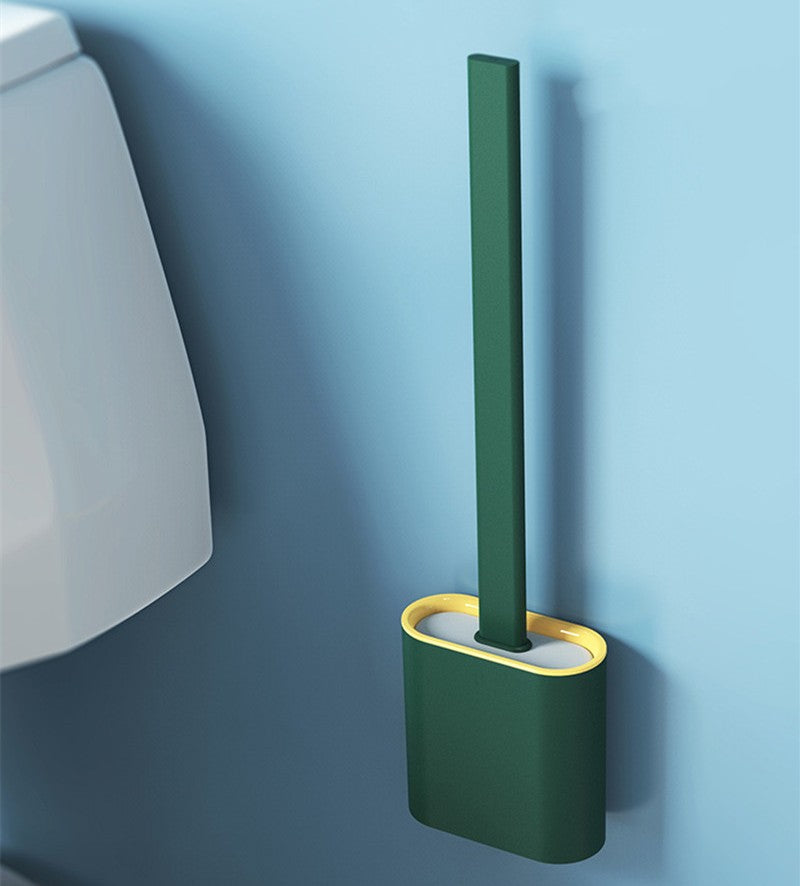 Silicone Bathroom Toilet Brush and Holder Set, with Non-Slip Long Plastic Handle, Bendable Brush Head and Wall-Mounted Design