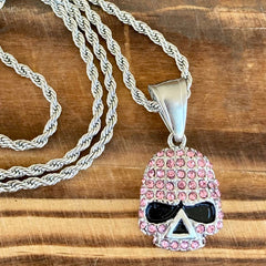 Bling Skull - Mini Pendant - Pink Stone - Rope Necklace or Omega - 2596M