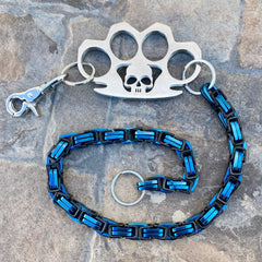 Four Finger Wallet Chain - Blue & Black Daytona Heritage - W/ Galvanized Skull Four Finger Ring 31" - WCK-16