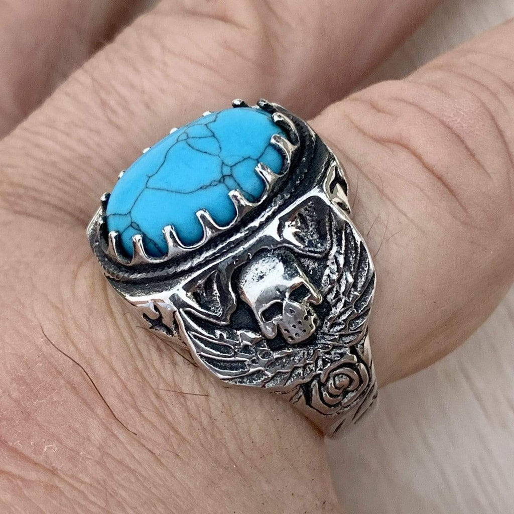 アクセサリーBWL Half Skull Ring with turquoise ...