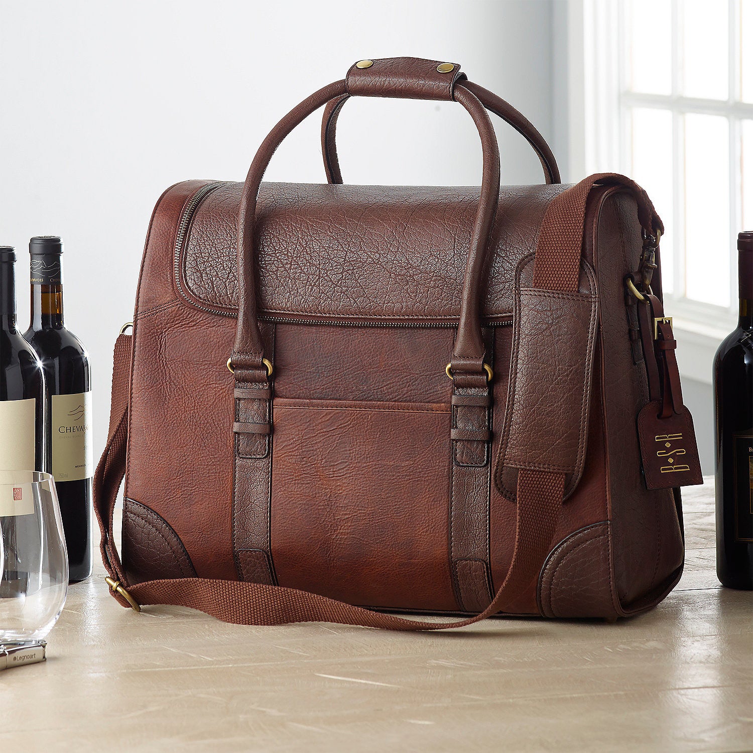 Monogrammed Leather BYO 6 Bottle Wine Weekender Bag