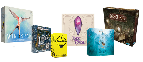 Wingspan, Uk'otoa, Danger the Game, Dice Forge, Dive and Obscurio