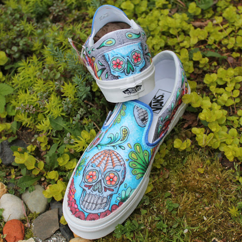 sugar skull vans slip on artwork custom designed by radcakes in manasquan