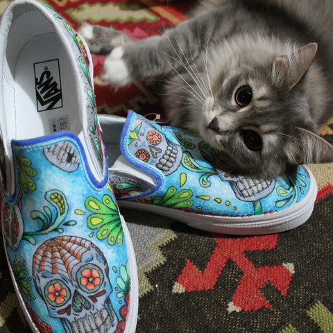 custom deisgned sugar skull vans slip on sneakers with siberian kitten cat