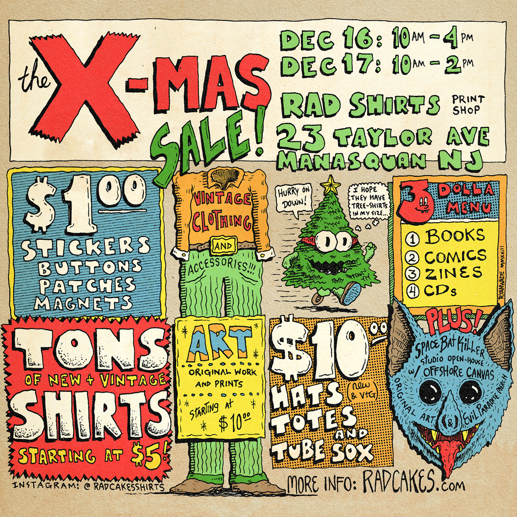 Rad Shirts X-Mas Sale in Manasquan. Holiday Pop Up sale in New Jersey with tshirts, vintage clothing, original artwork, and clearance shirt sales