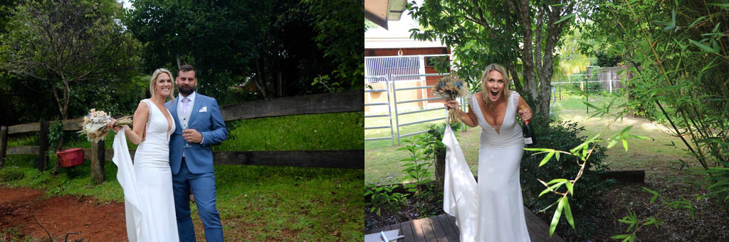 groom and a bride holding flowers