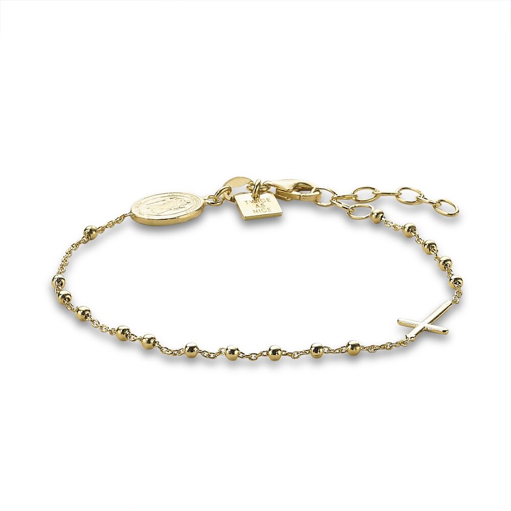 18Ct Gold Plated Silver Bracelet, Oval And Cross On Ball Chain