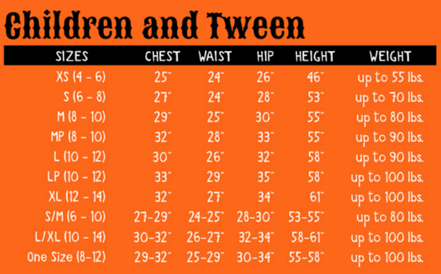 California Costume Size Chart For Adults, Kids and Pets – The Halloween ...