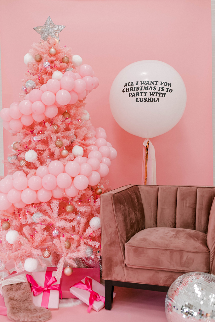 All I Want for Christmas Is To Party With Lushra - Pink christmas tree, disco balls for Lushra Company photoshoot