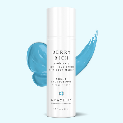Graydon Skincare Berry Rich Face + Eye Cream with product smear behind bottle.