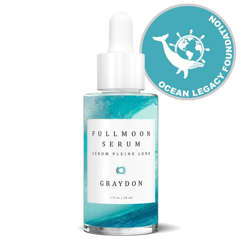 Graydon Skincare Fullmoon Serum with ocean wave in the bottle and Ocean Legacy logo in the top right.