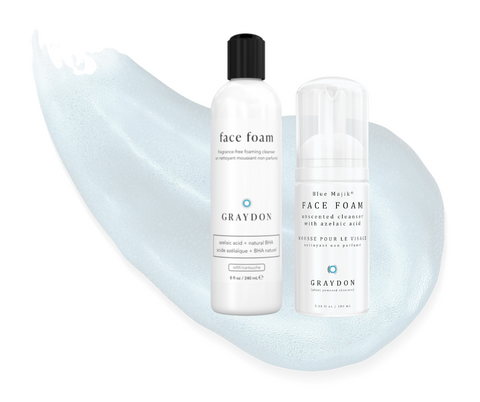 Graydon Skincare Face Foam bottles with product smear in the background