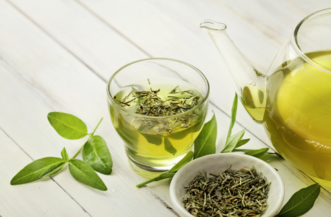 Pot of green tea and green tea in glass mug on white wood background