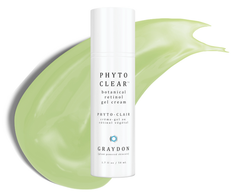 50 mL bottle of Graydon Skincare Phyto Clear moisturizer with vibrant green product smear in background