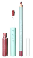 A lip combo with a creamy, long-wearing lipliner to line or fill the lips and a hydrating, non-sticky lip gloss in a neutral mauve shade against a white background.