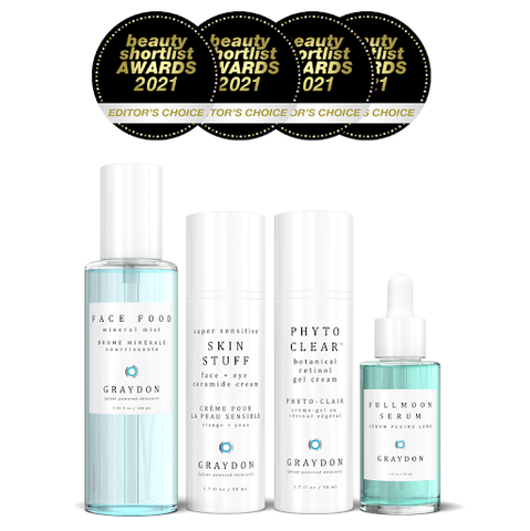 A natural toner, two facial moisturizers and a serum with four Beauty Shortlist award stamps above them