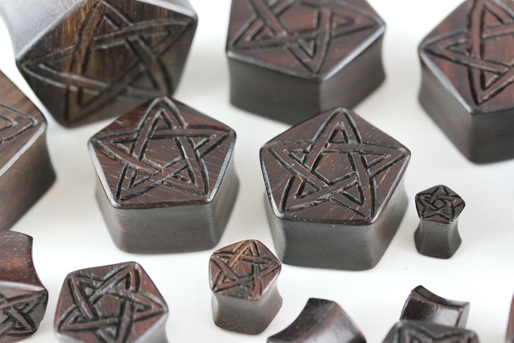 Pentagram Plugs - Hand Carved Pentagon Wood (Pair) - PA84