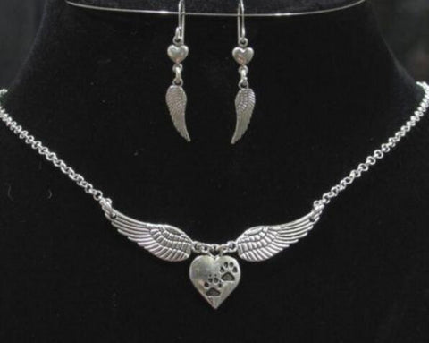 Vintage-inspired Silvertone Angel Wings & Paw Print Necklace & Earrings Set