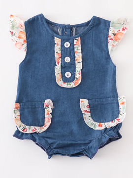 Denim Fall Pumpkin Floral Bubble Romper