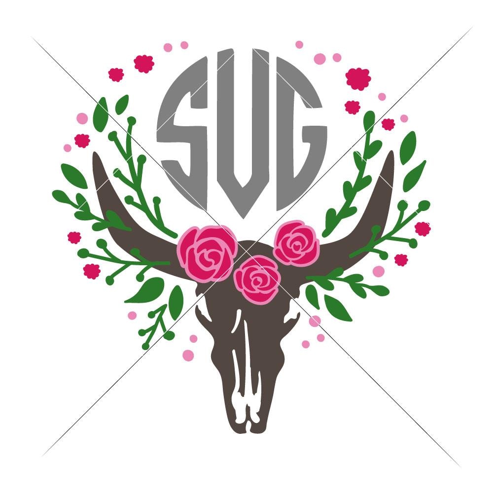 Download Cow Skull Bull Head with Flowers for Monogram multi color svg png dxf | Chameleon Cuttables LLC