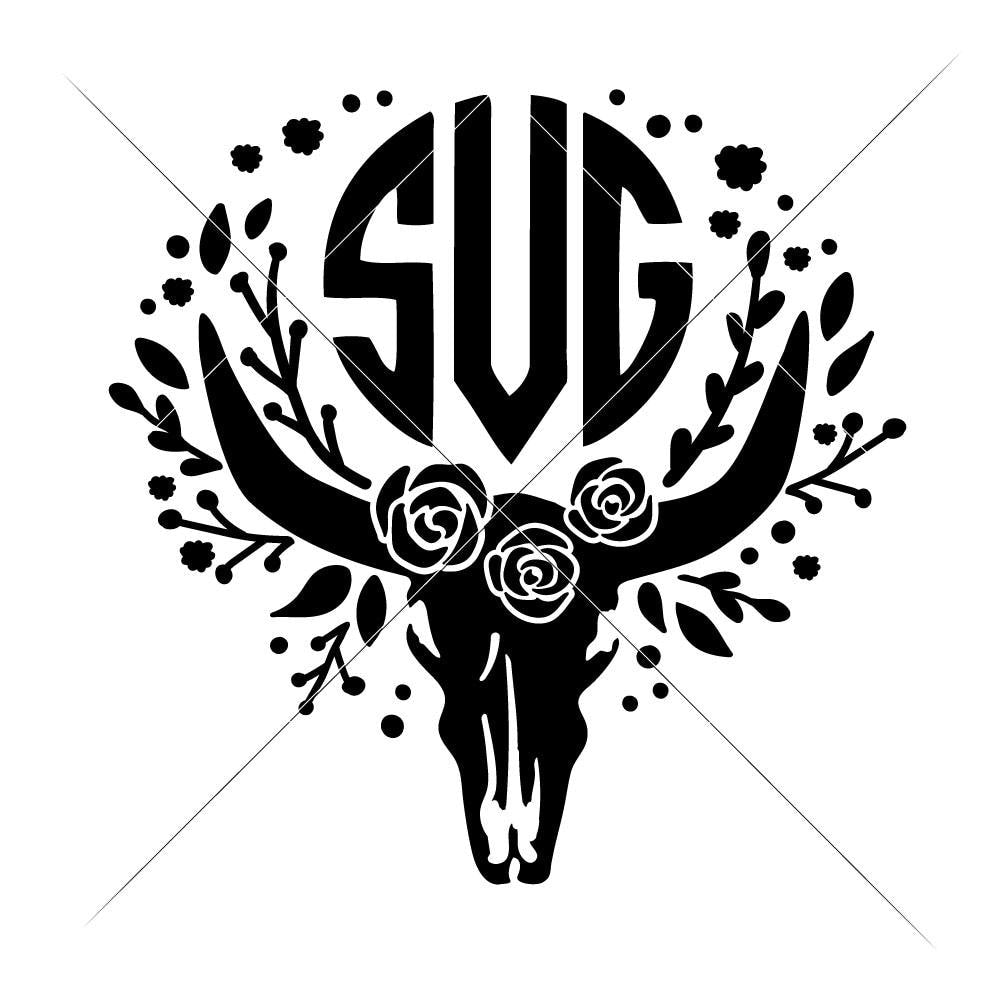 Download Cow Skull Bull Head with Flowers for Monogram svg png dxf eps | Chameleon Cuttables LLC