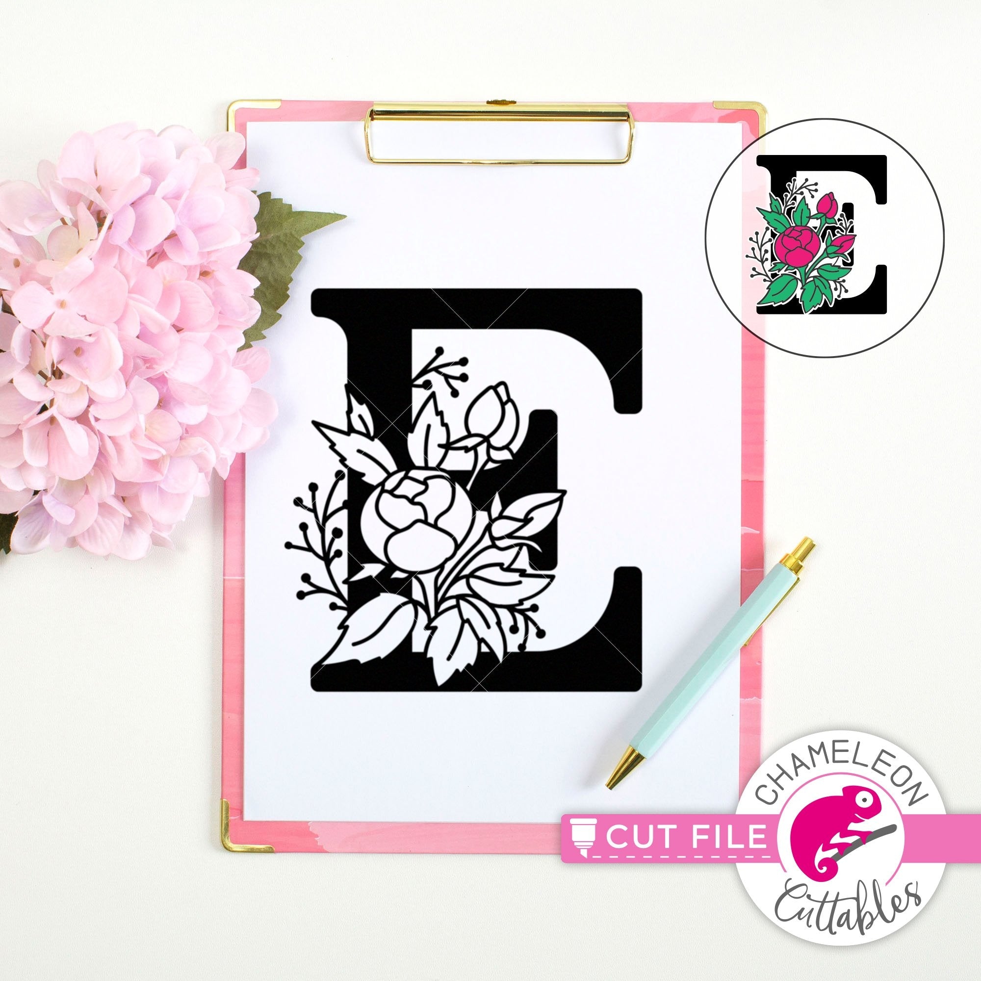 E Floral Monogram Letter With Flowers Svg Png Dxf Eps Jpeg Chameleon Cuttables Llc Chameleon Cuttables Llc