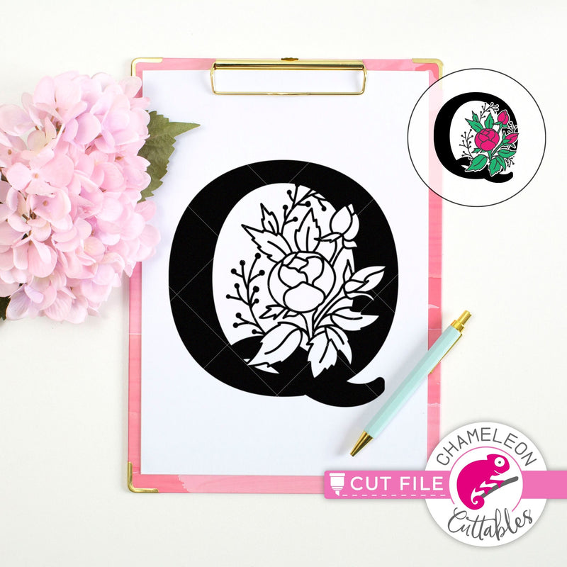 Q Floral Monogram Letter With Flowers Svg Png Dxf Eps Jpeg Chameleon Cuttables Llc Chameleon Cuttables Llc