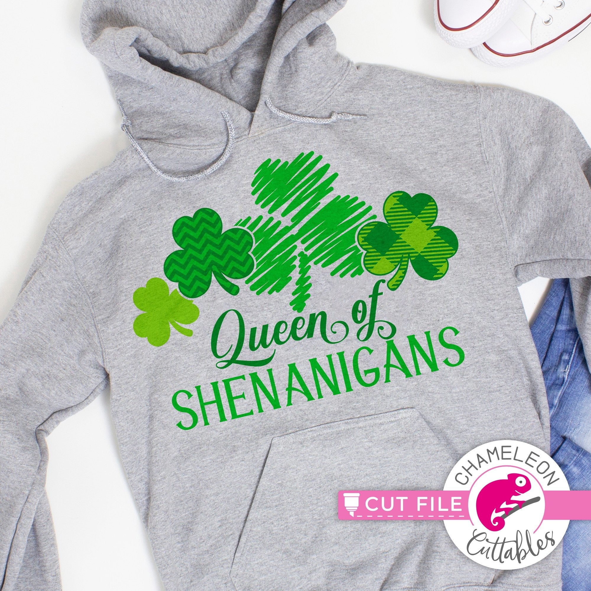 Download Queen Of Shenanigans St Patrick S Day Clovers With Pattern Svg Png Dxf Eps Jpeg Chameleon Cuttables Chameleon Cuttables Llc