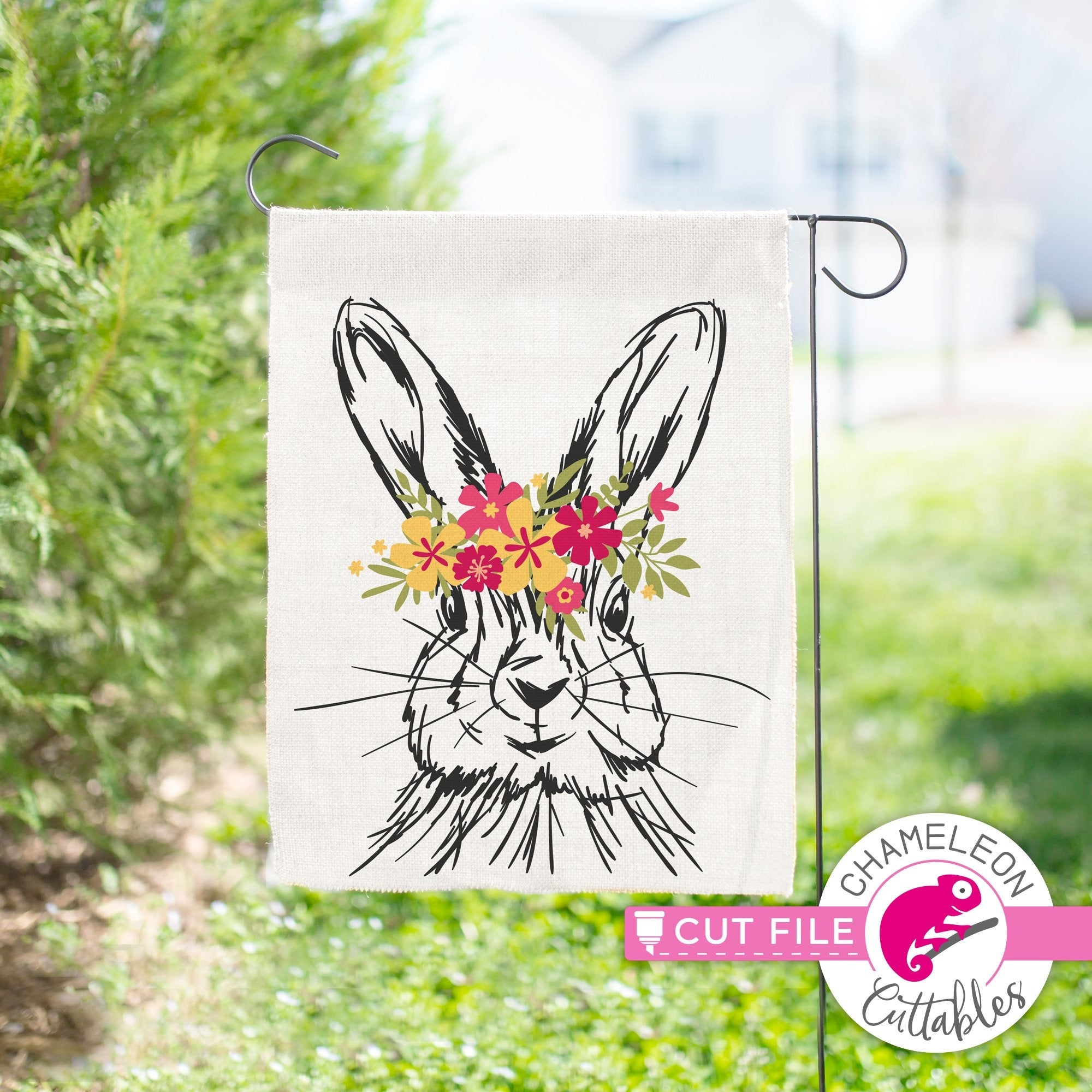 Download Rabbit Sketch Drawing Easter Bunny With Flowers Layered Svg Png Dxf Eps Jpeg Chameleon Cuttables Llc Chameleon Cuttables Llc