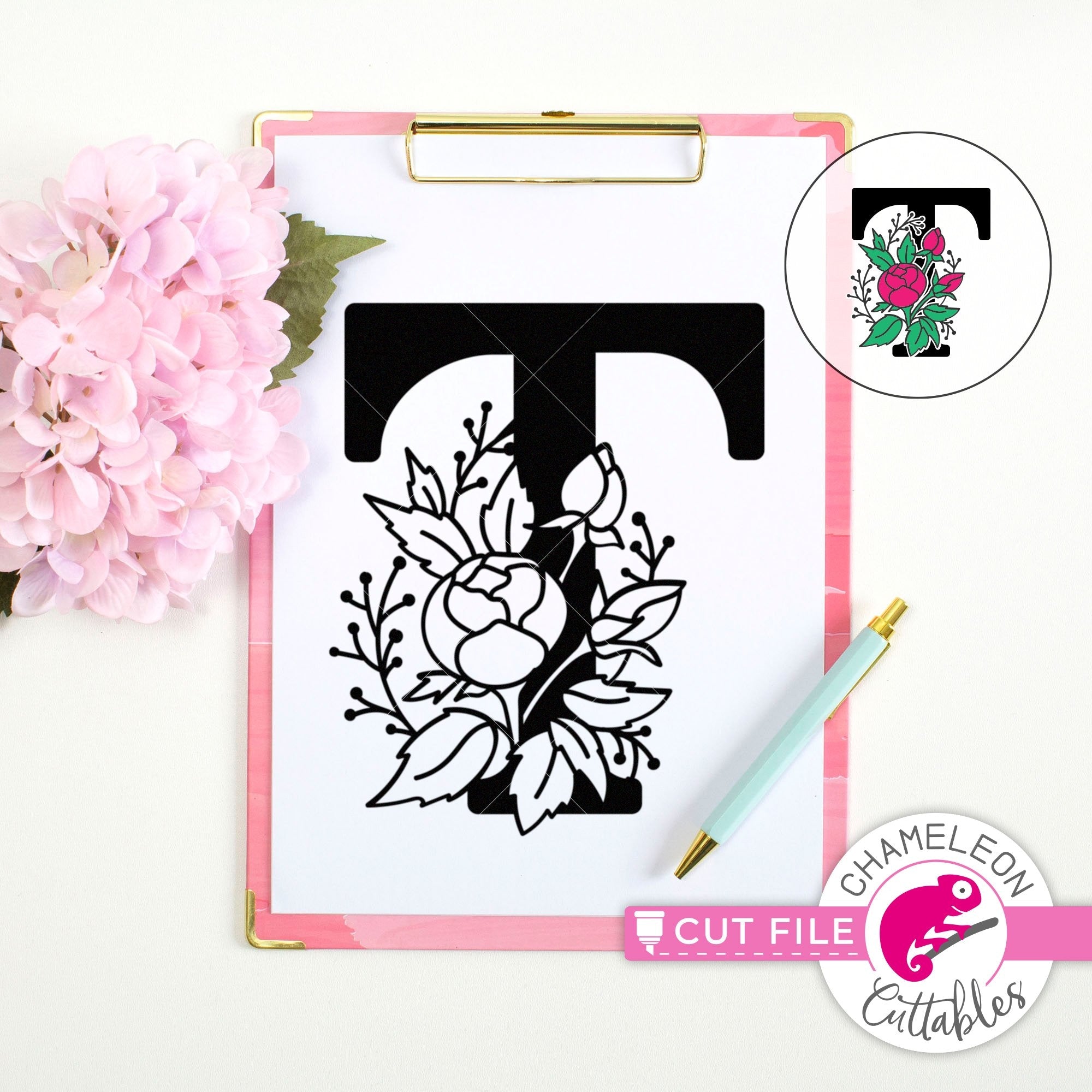 Download T Floral Monogram Letter With Flowers Svg Png Dxf Eps Jpeg Chameleon Cuttables Llc Chameleon Cuttables Llc