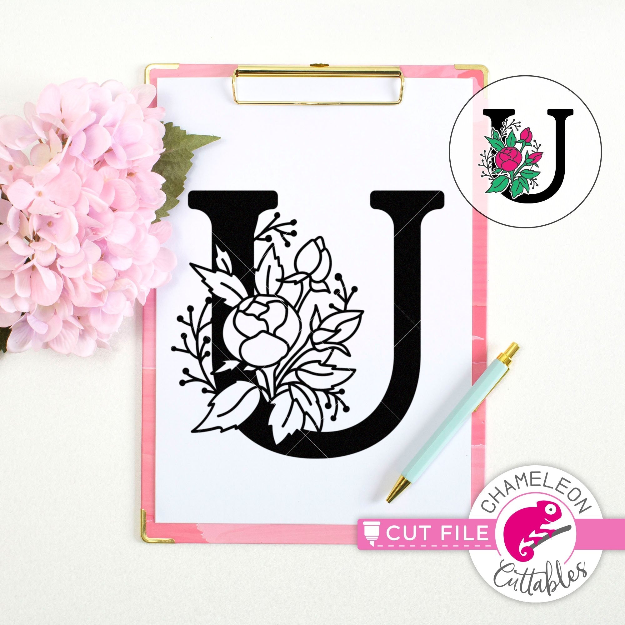 Download U Floral Monogram Letter With Flowers Svg Png Dxf Eps Jpeg Chameleon Cuttables Llc Chameleon Cuttables Llc