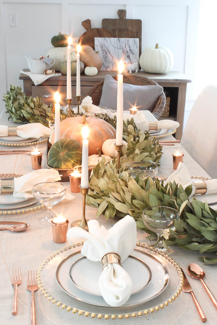 Thanksgiving Tablescape with bay leaf garland