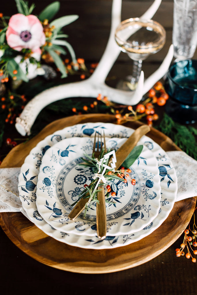 White and Blue holiday dinner place setting