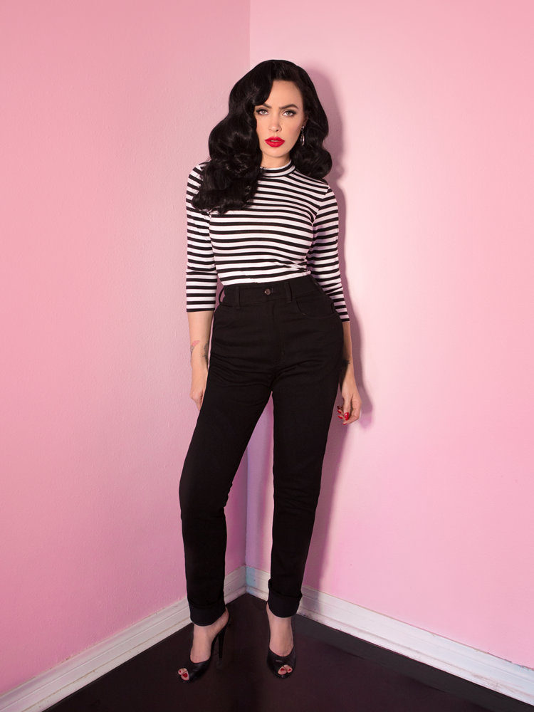 Bad Girl 34 Sleeve Top In Black And White Stripes Retro Clothing Vixen By Micheline Pitt 6278