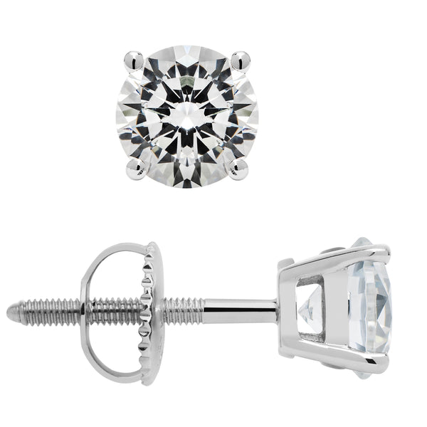 14K Solid White Gold Stud Earrings, Round CZ, Screw Back, 1.5 CTW ...