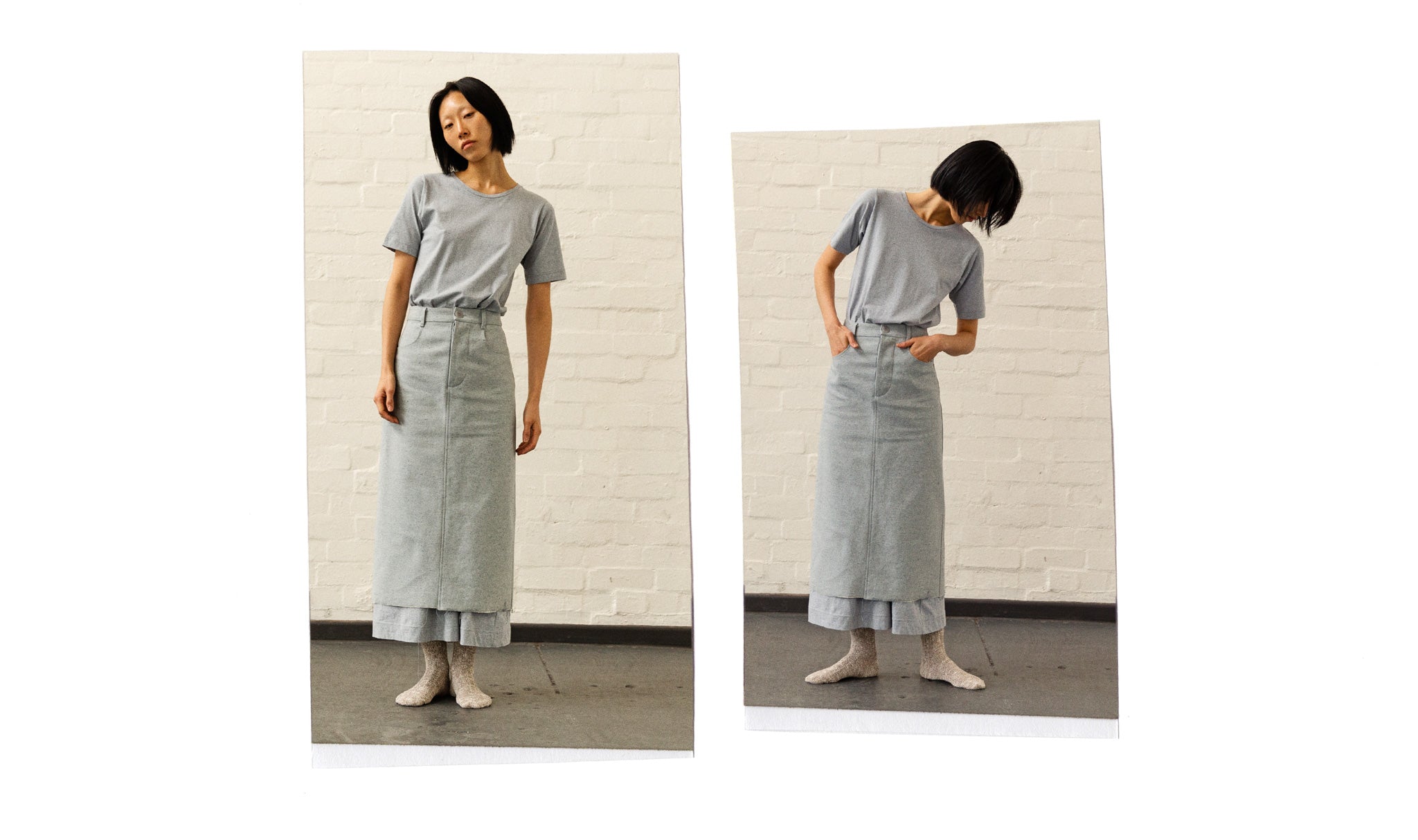 A.BCH Lookbook 2023 - a woman wears the A.56 Maxi Dress in recycled cotton and the A.40 Denim Skirt in recycled denim