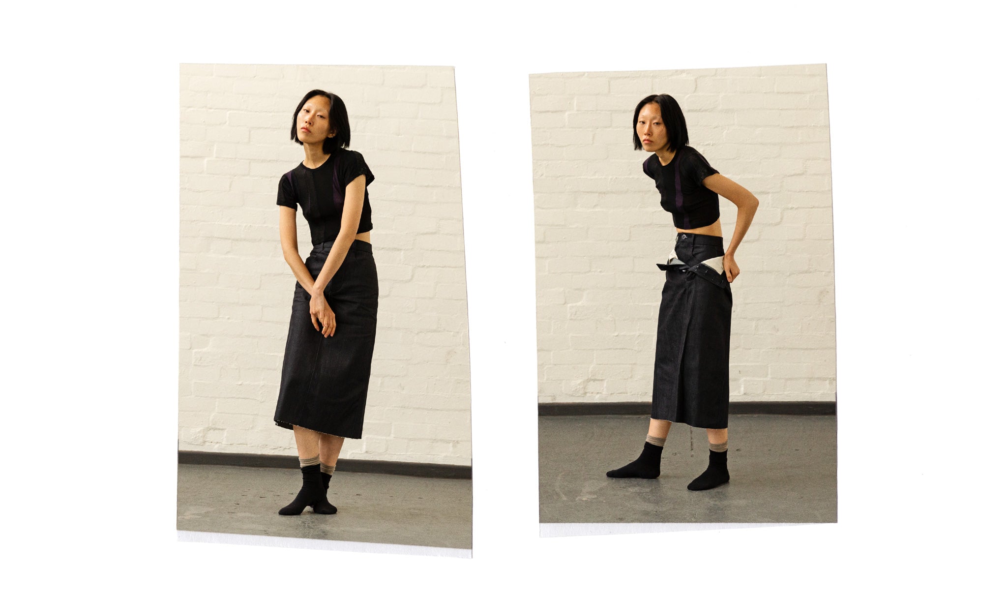 A.BCH Lookbook 2023 - woman wears the cutpiece baby tshirt and A.40 raw denim skirt