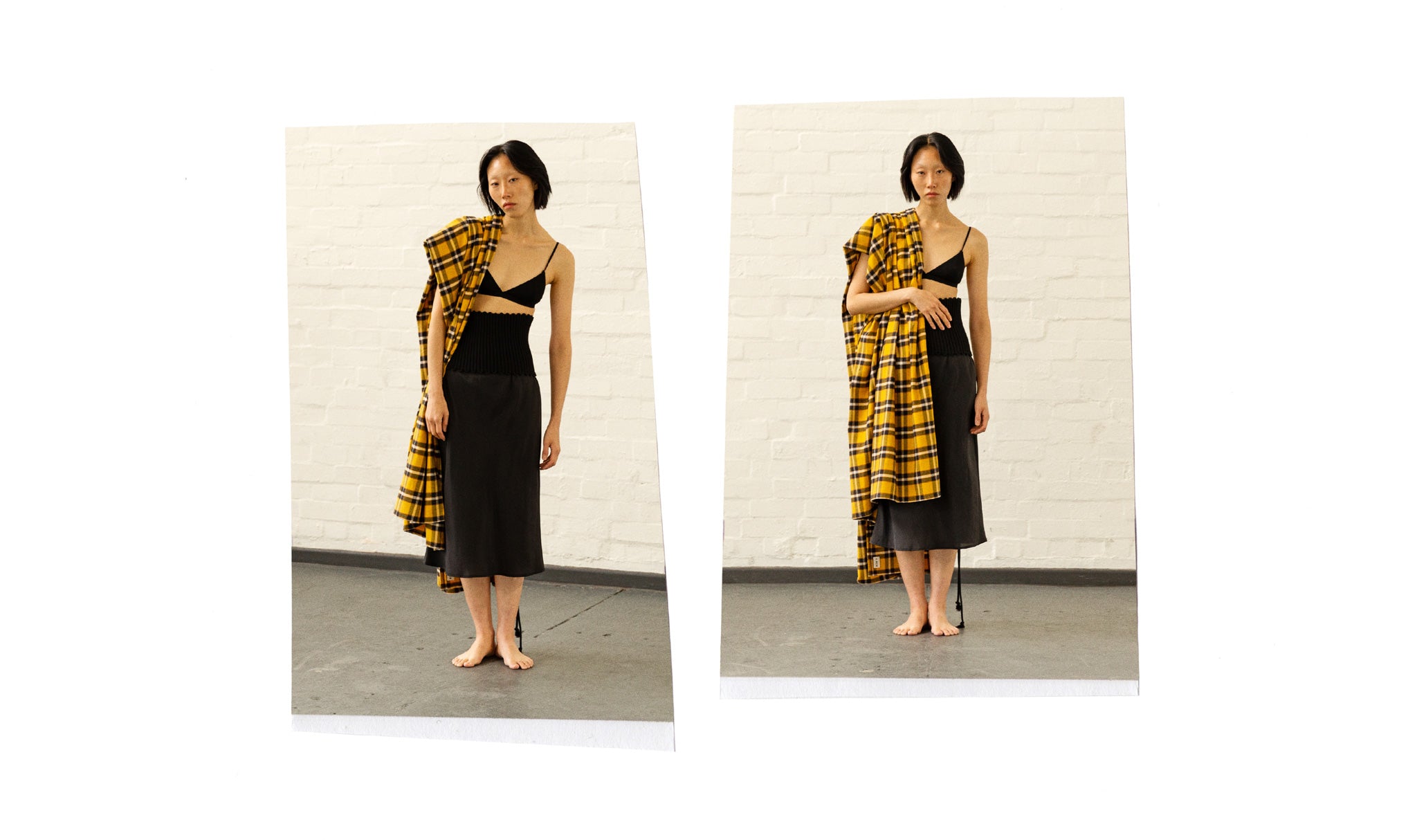 A.BCH Lookbook 2023 - Woman wears the Red Line Corset in black + A.47 Plaid Scarf in marigold + A.53 Midi Slip Skirt in plack