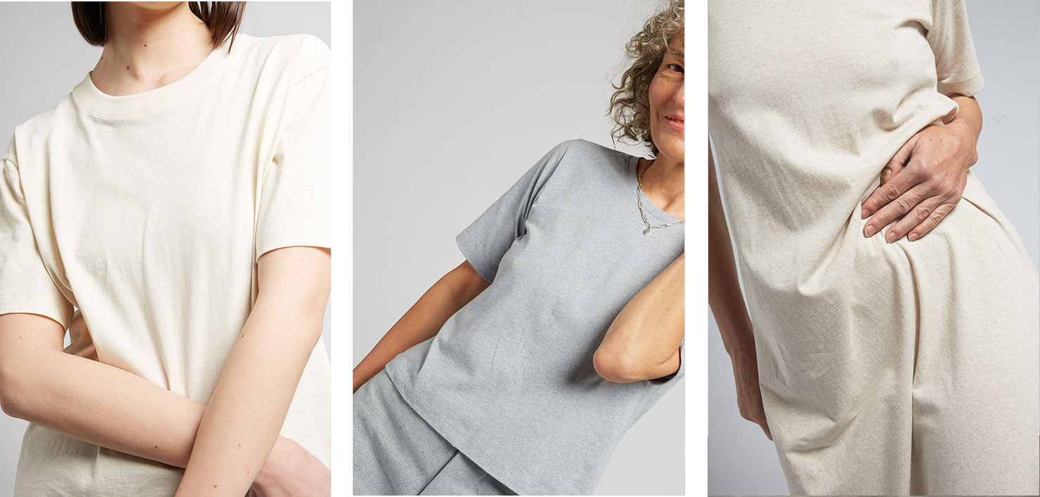 3 close up images of the recycled and organic cotton jersey - knitted in australia