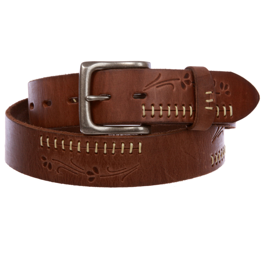 Snap On Floral Embossed Stitching Full Grain Leather Belt – Beltiscool