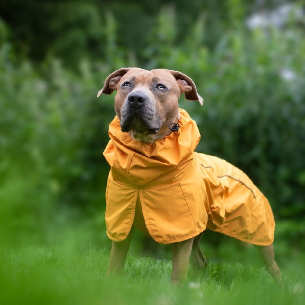 A dog wearing Sparkpaw's Mustard Raincoat