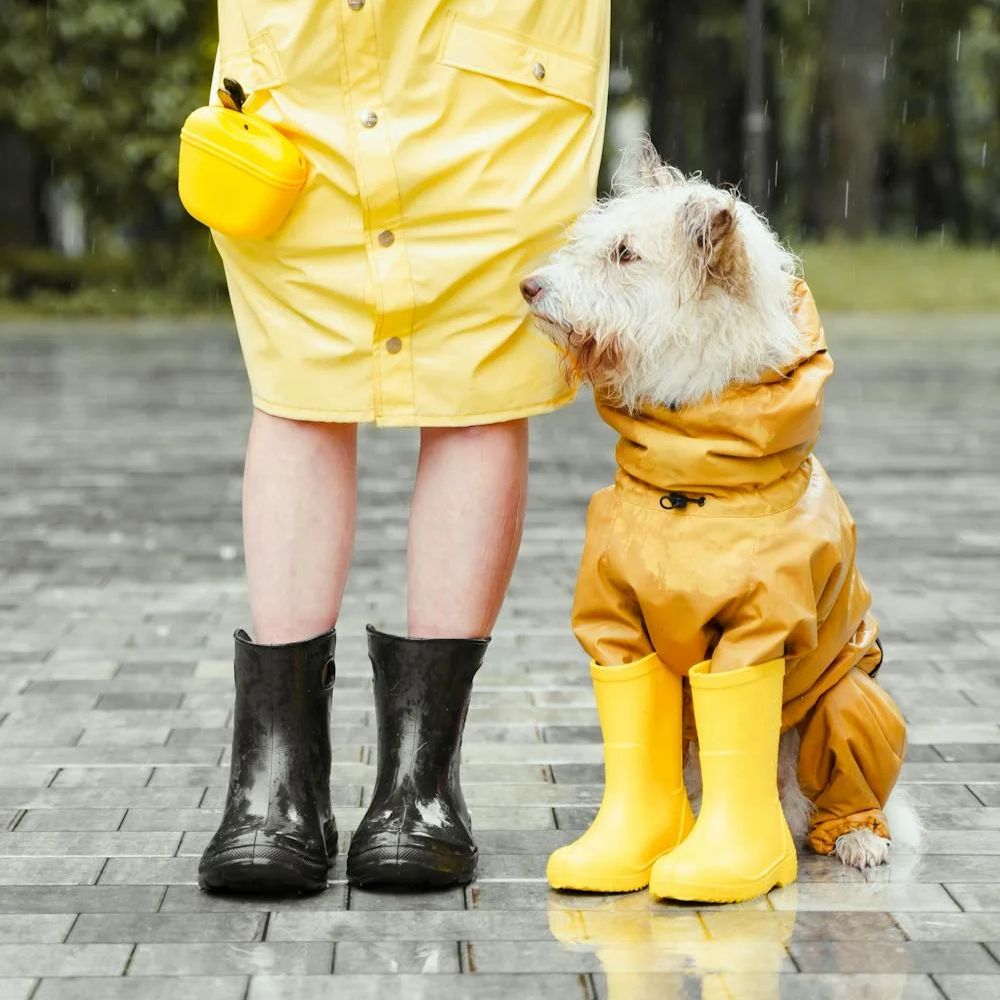 A dog and the owner wearing boots and matching raincoats