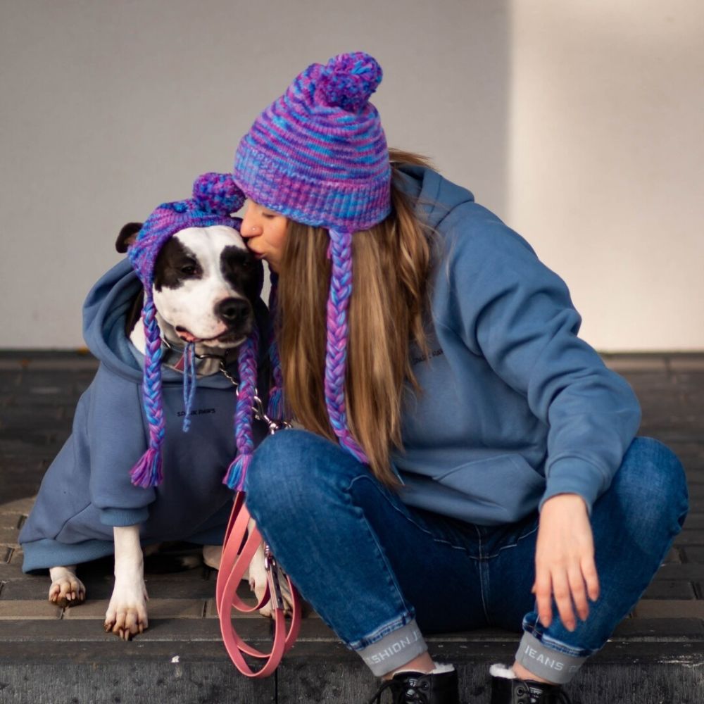 Dog and the owner bonding while wearing matching Sparkpaws Slate-blue dog Hoodie