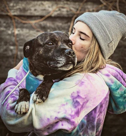 A dog and his human wearing matching hoodies