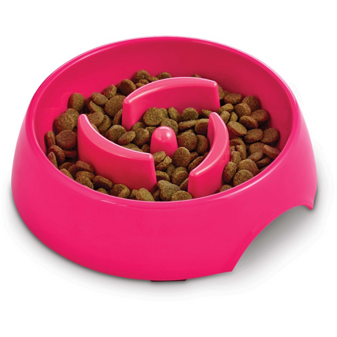 A pink dog food bowl